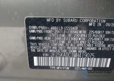 2021 Subaru Forester z USA, uszkodzony, nr VIN JF2SKADC1MH419075